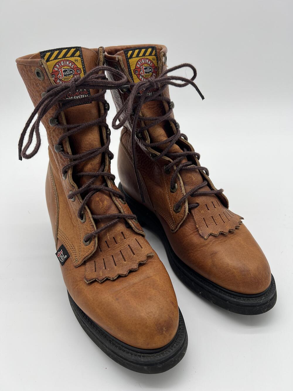 Vintage Justin L762 Boots Mens 8C Brown Leather Workboots Kiltie Made USA Narrow